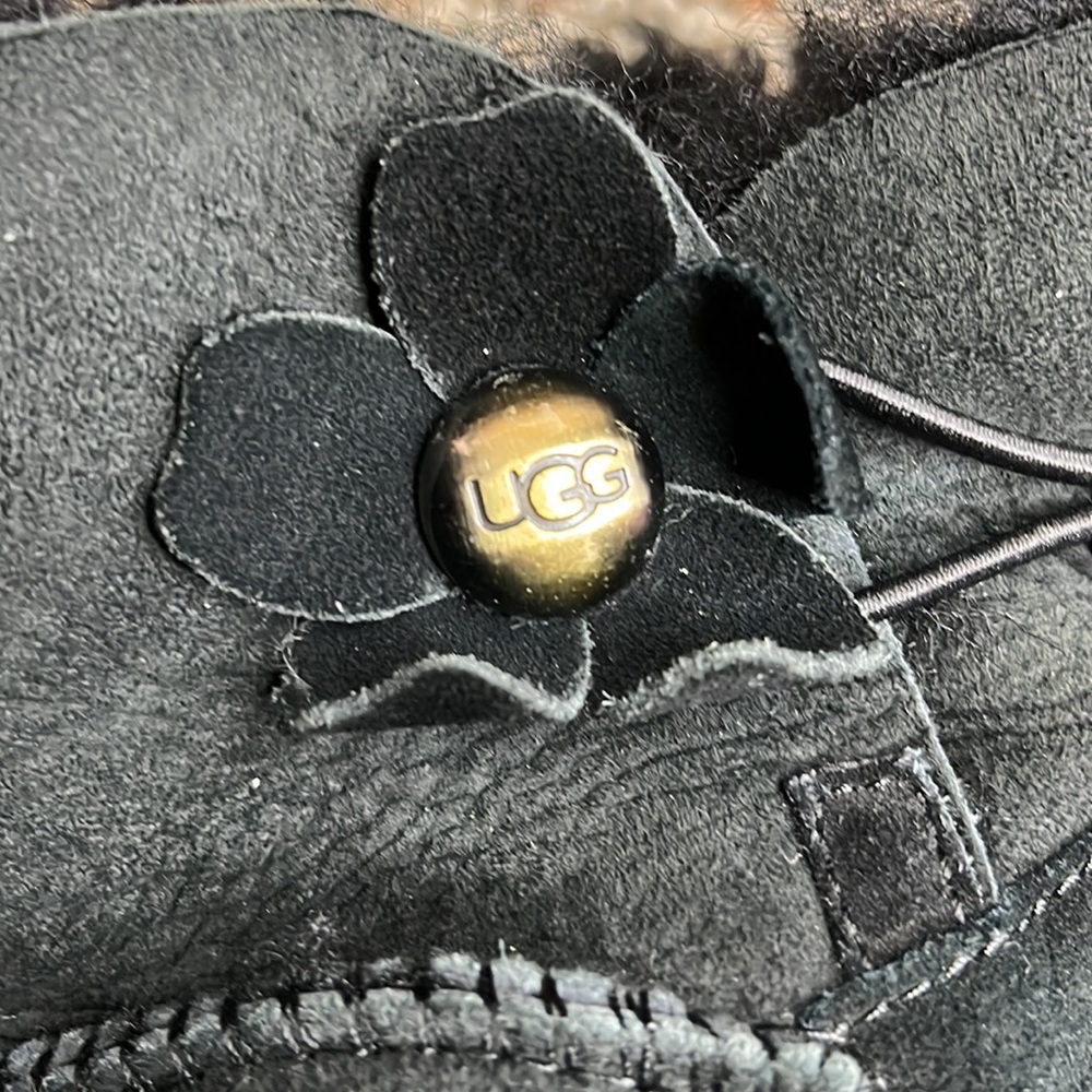 Ugg Mini Bailey Button Poppy Black Suede Shearling Boots - Picture 7 of 9